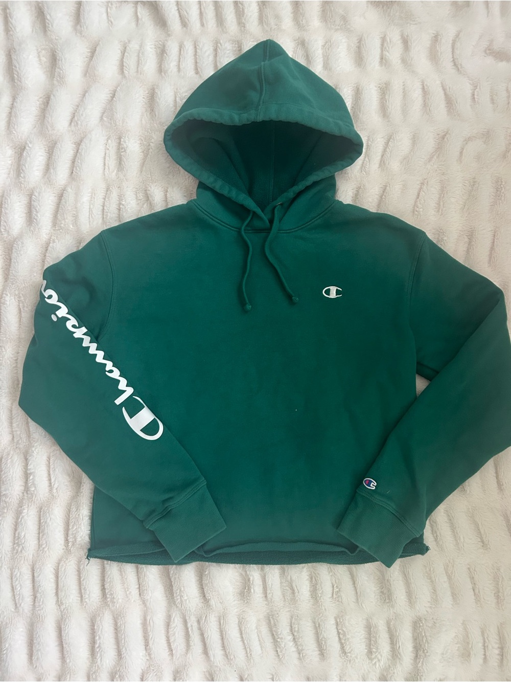 Champion Forest Green Hoodie with White Sleeve Script